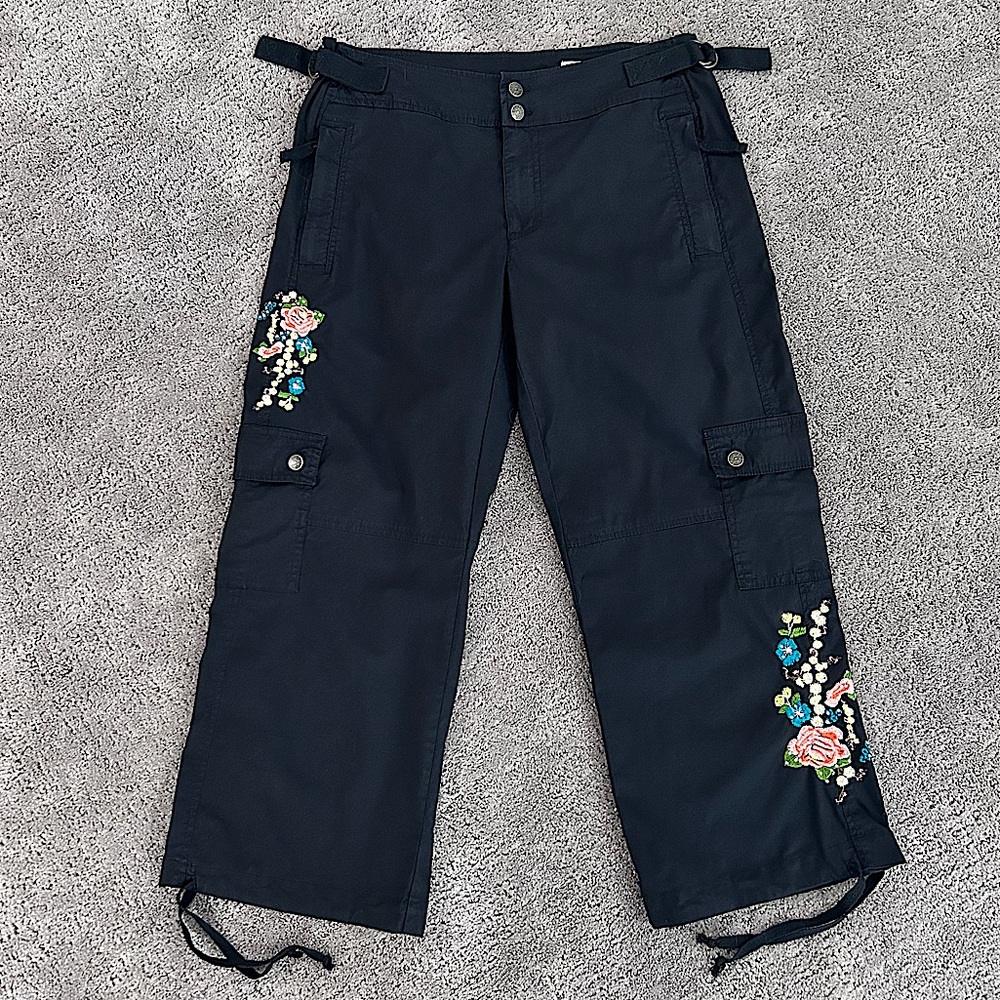 Live A Little Embroidered Cargo Crops
